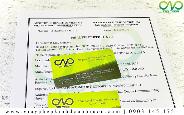 Giấy chứng nhận Health Certificate rượu vang trắng